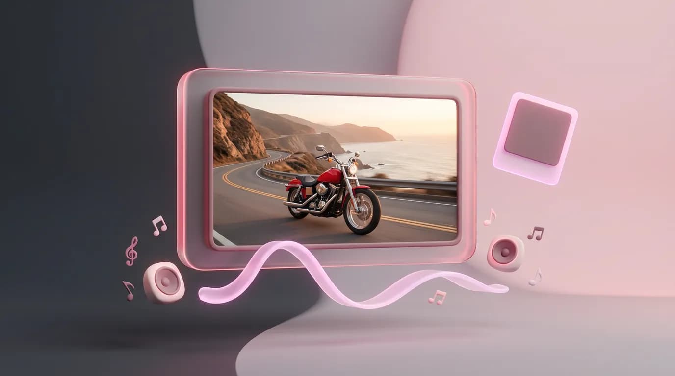 A video frame of a motorcycle on a coastal road with a sound wave flowing from it