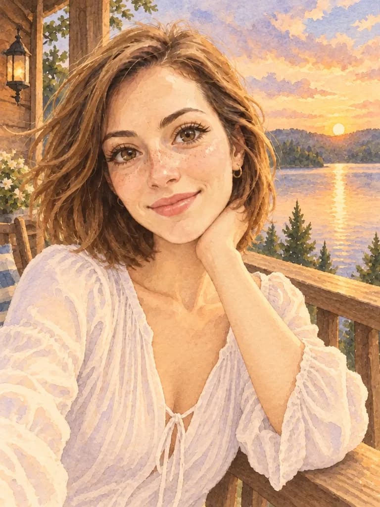Retrato de anime de acuarela de la misma mujer apoyada en la barandilla de un porche de madera sobre un lago al atardecer