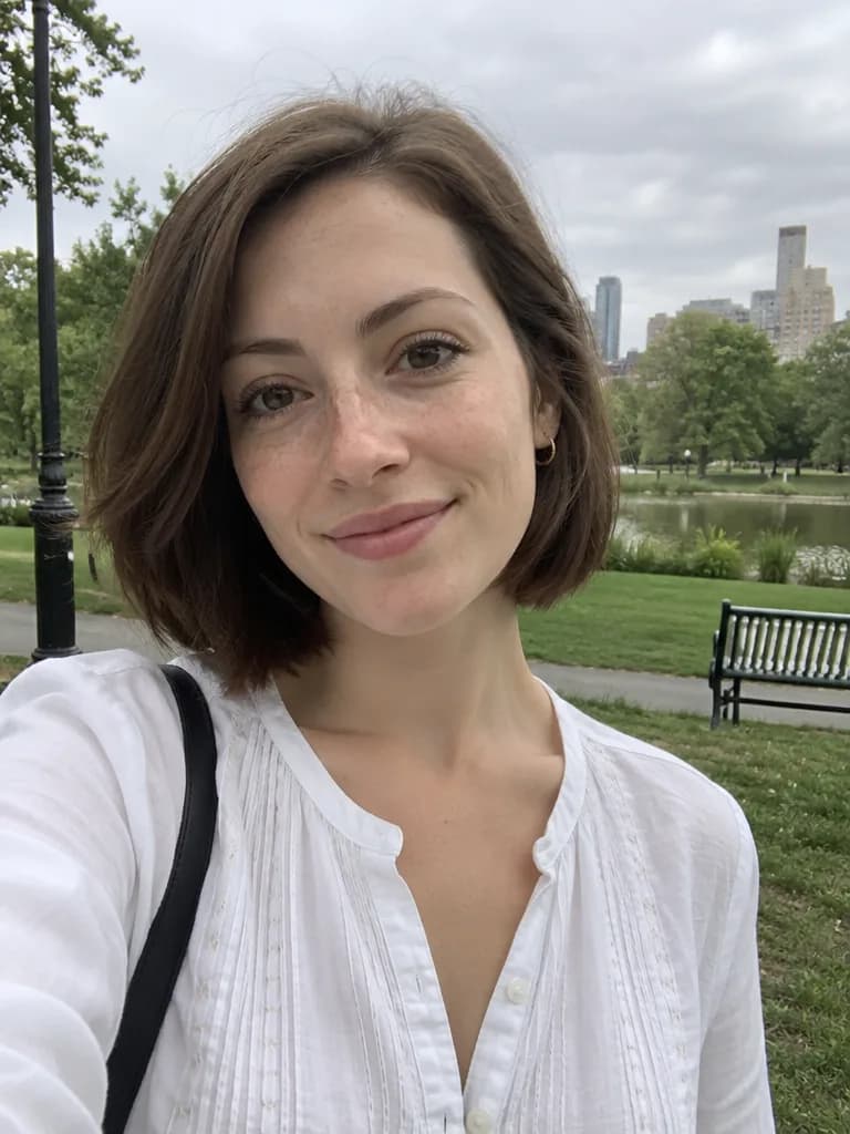 Selfie de una mujer joven con pelo castaño cortado a la altura de la mandíbula y pecas, en un parque urbano durante un día nublado