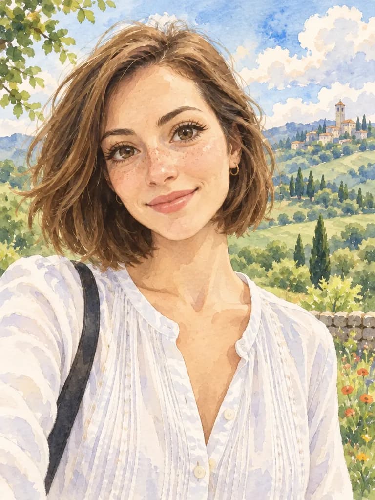 La misma mujer en un delicado retrato de anime de acuarela, con colinas verdes y nubes detrás