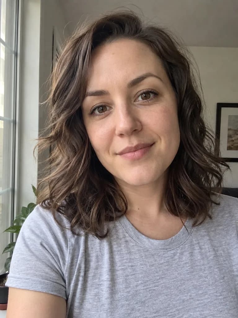 窓辺でグレーのTシャツを着た、ウェーブのかかった茶髪の女性の普段の自撮り