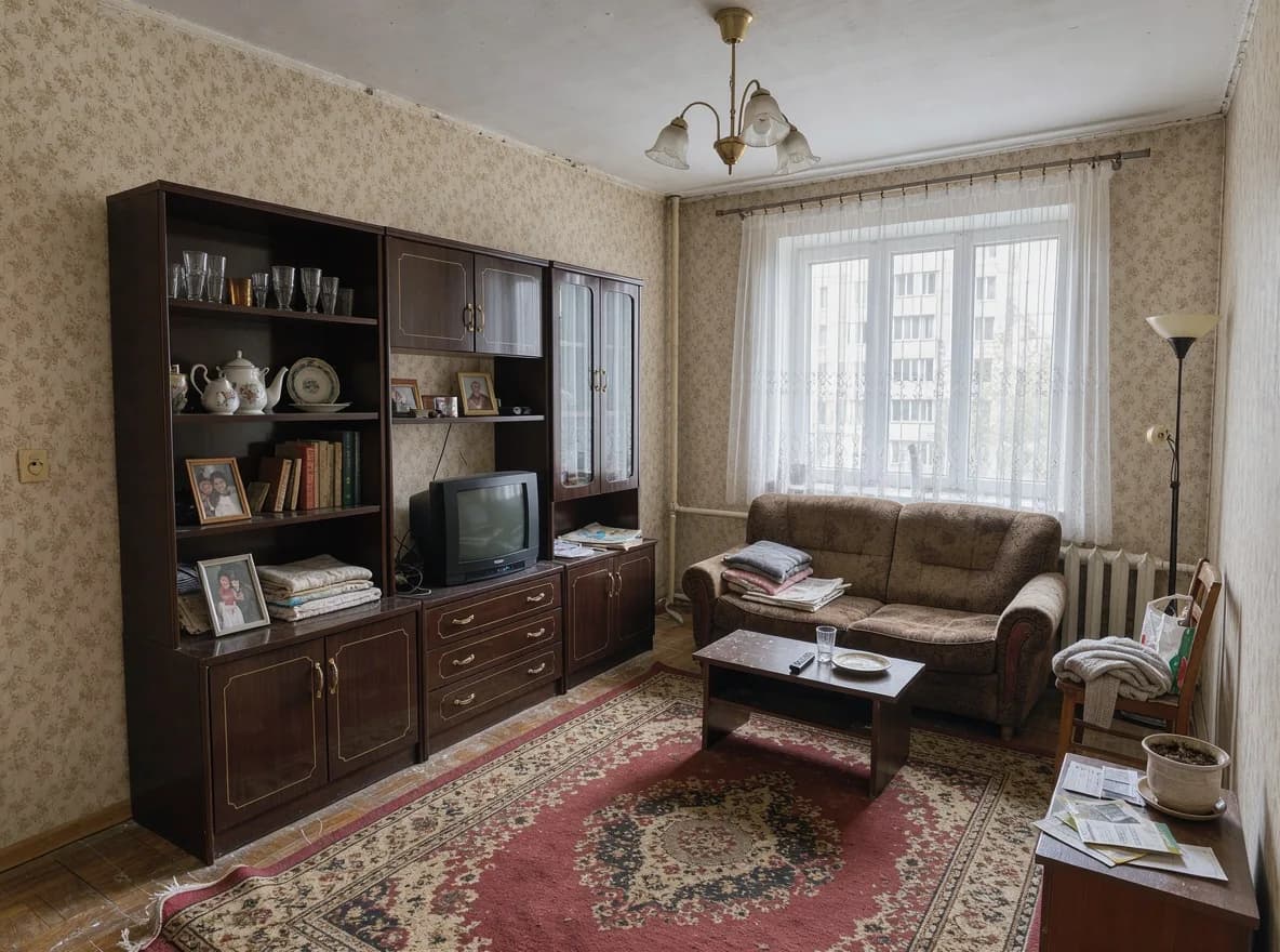 A dated living room with a wall unit, a sofa and a rug