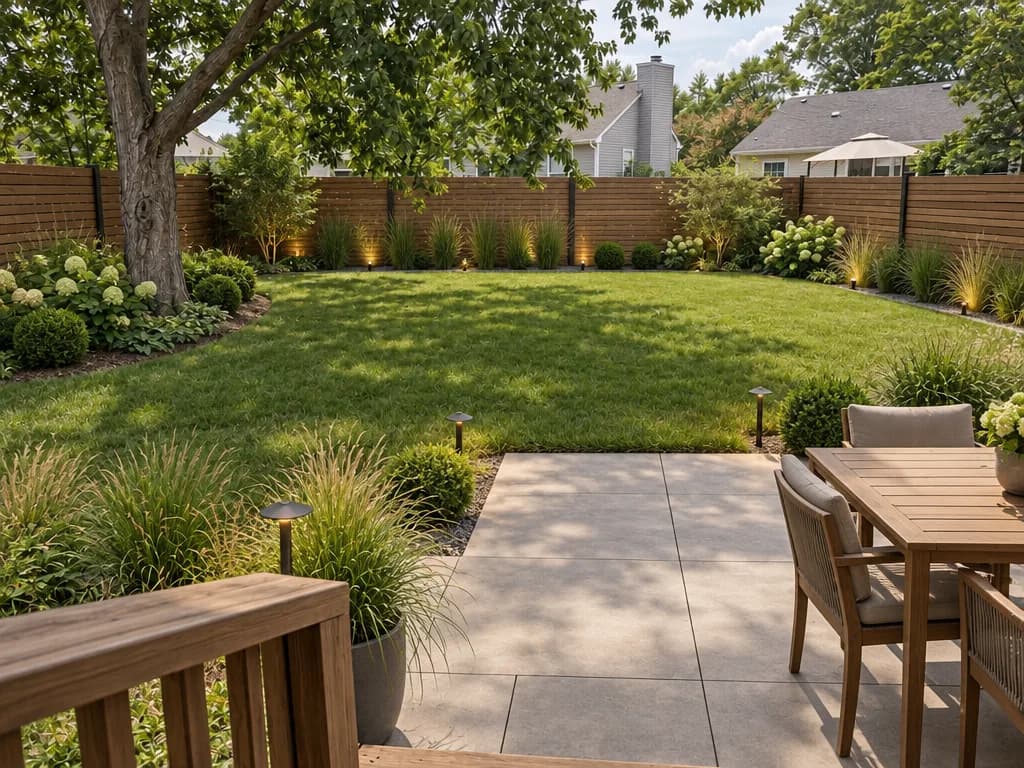The same backyard with a horizontal slat fence, a fresh lawn, a paved patio with a dining table and low garden lights