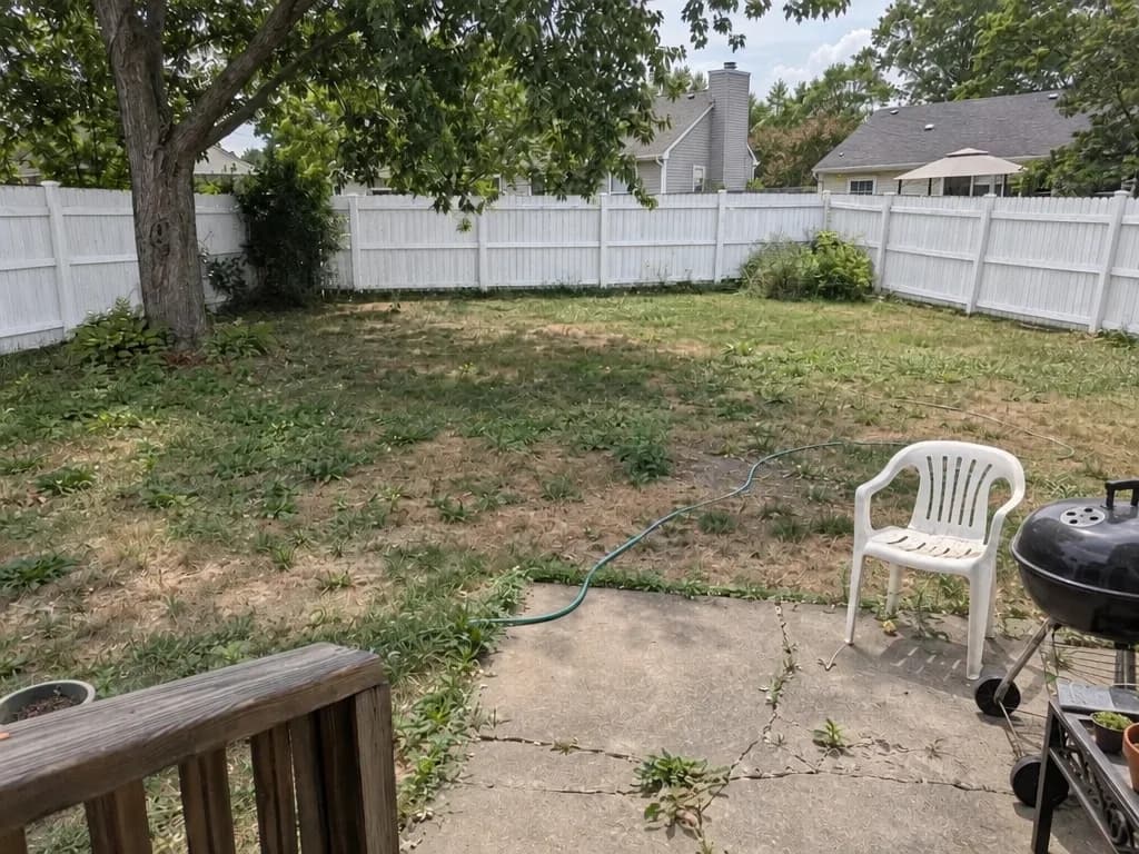 The same backyard with the privacy fence painted white; the lawn, patio, chair and grill are unchanged