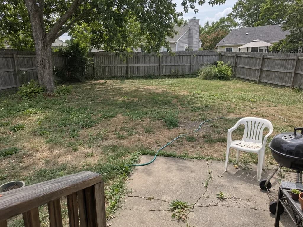 A backyard with patchy grass, a concrete patio, a plastic chair and a grill, surrounded by a weathered wooden privacy fence