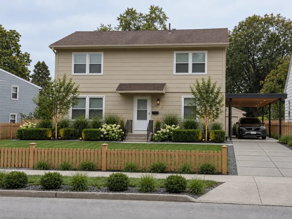 The same house with a wooden picket fence along the sidewalk, new shrubs and a dark carport over the driveway with a car under it