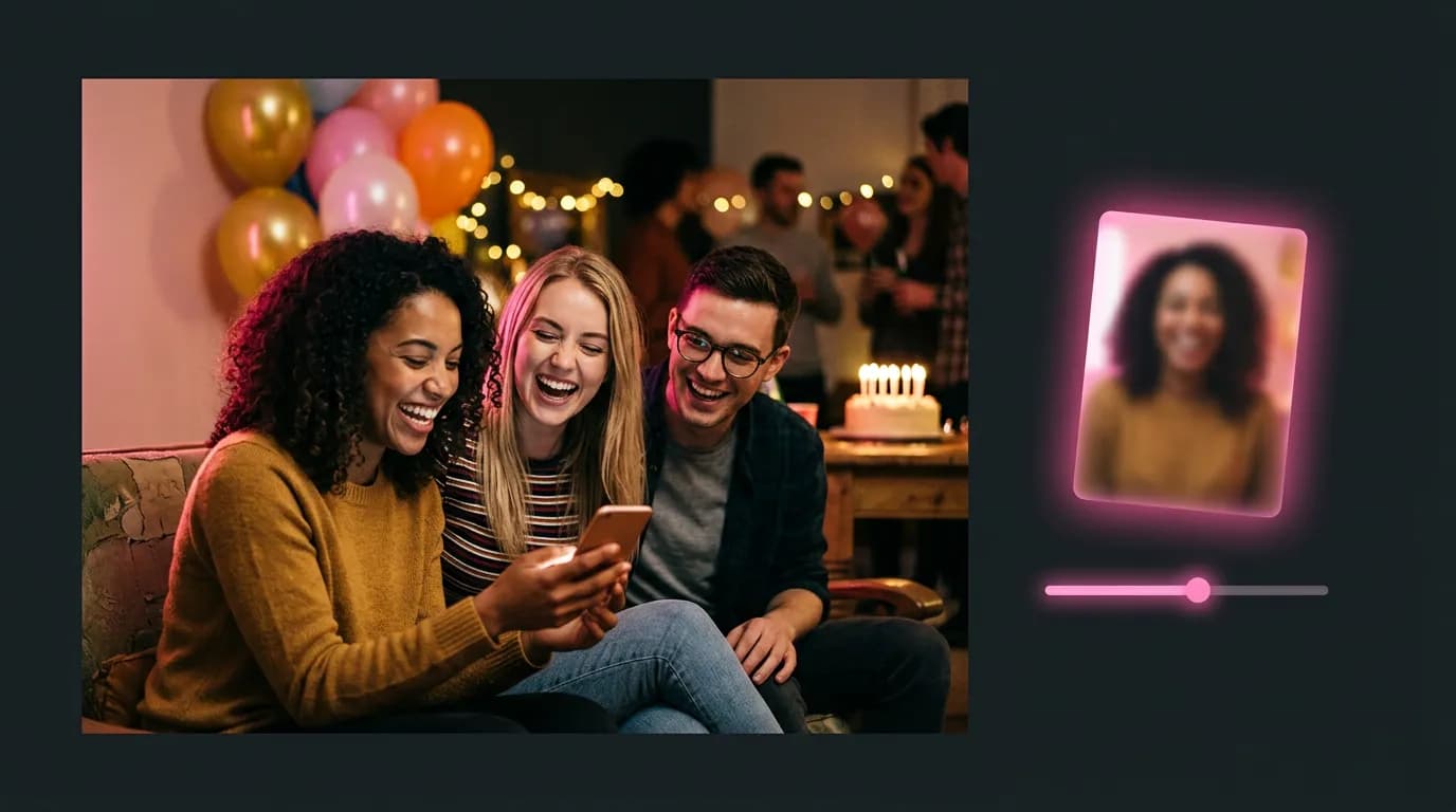 Friends at a birthday party laughing at a portrait card on a phone