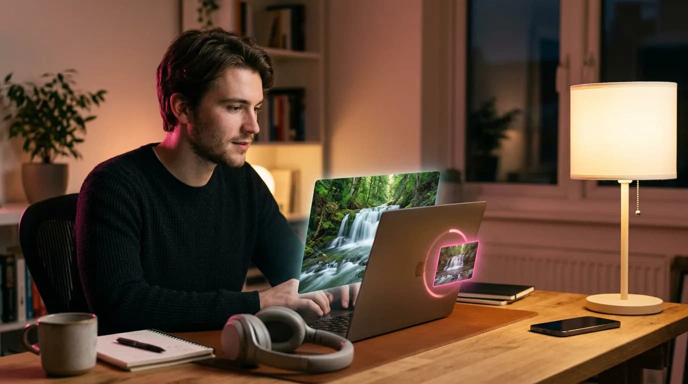 A person at a laptop watches a large video shrink into a small file card