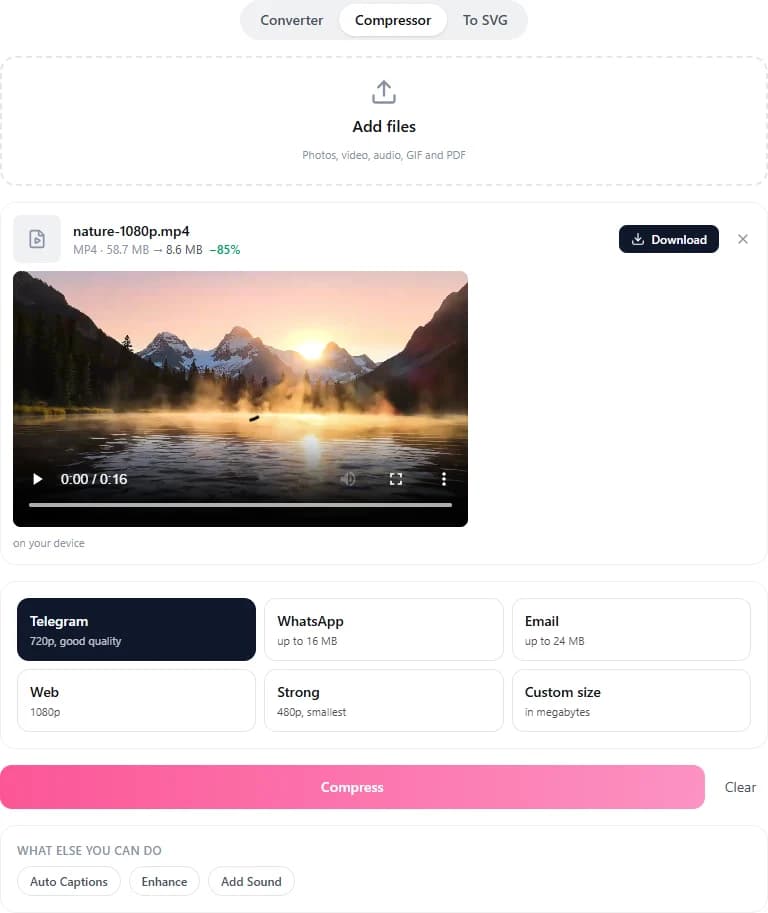 The Compressor tab with a finished file: nature-1080p.mp4, MP4 · 58.7 MB → 8.6 MB, −85%, a mountain lake preview, labelled on your device