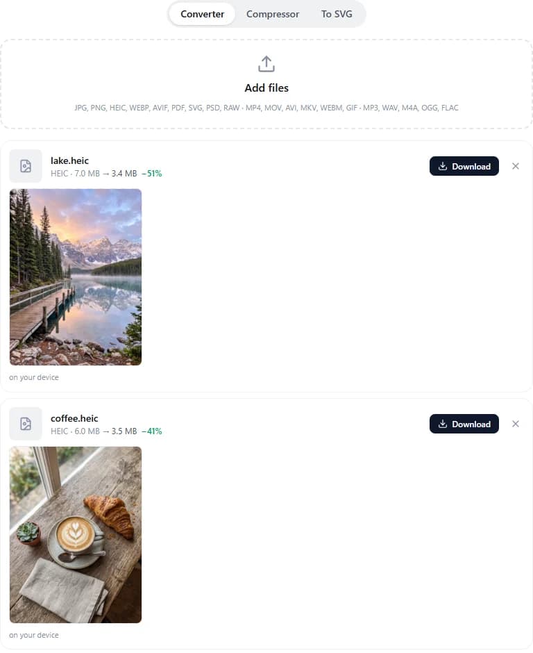 The converter with finished files: lake.heic, HEIC · 7.0 MB → 3.4 MB, −51%, and coffee.heic, 6.0 MB → 3.5 MB, −41%, with previews, labelled on your device