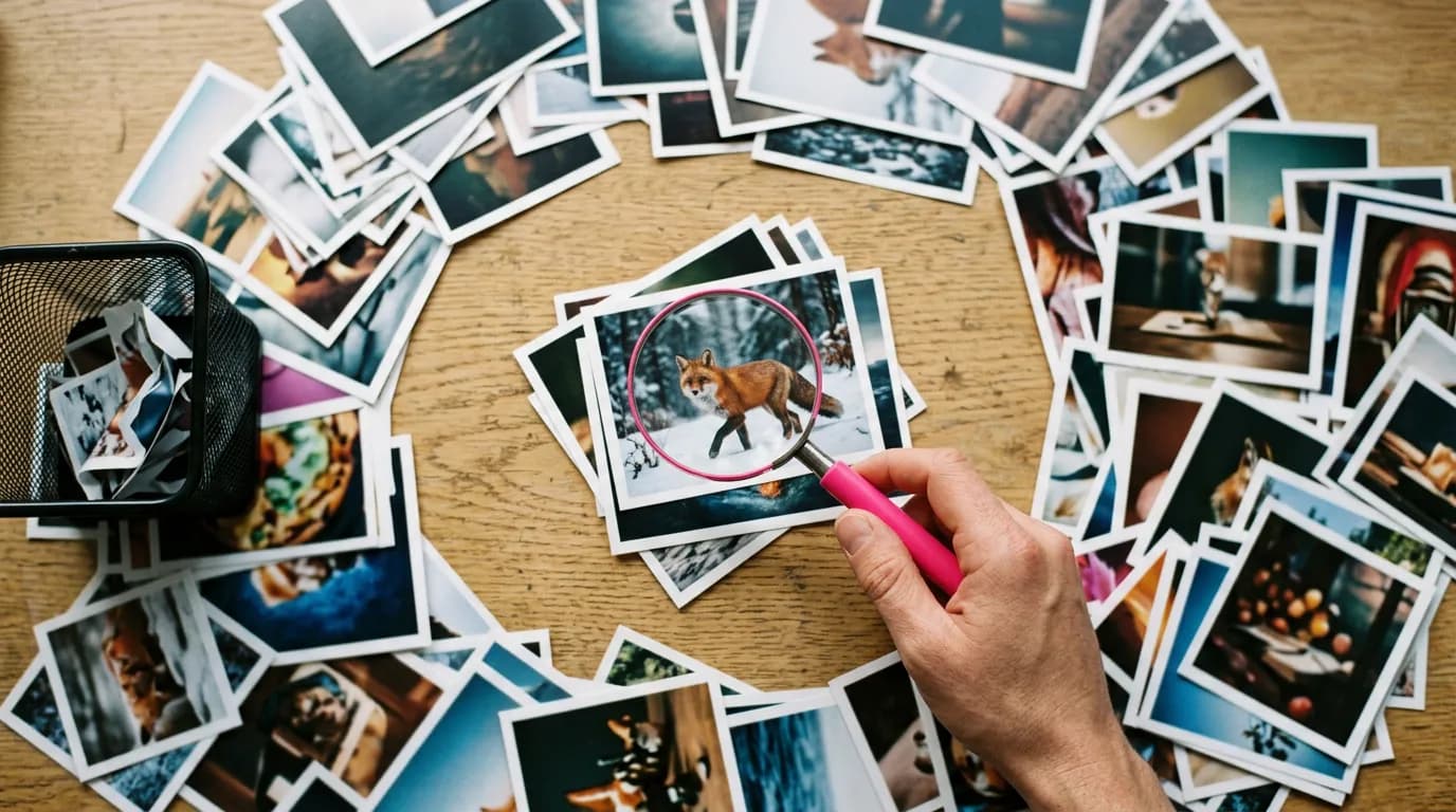 Printed AI artworks spread on a desk with a magnifying glass over a fox print