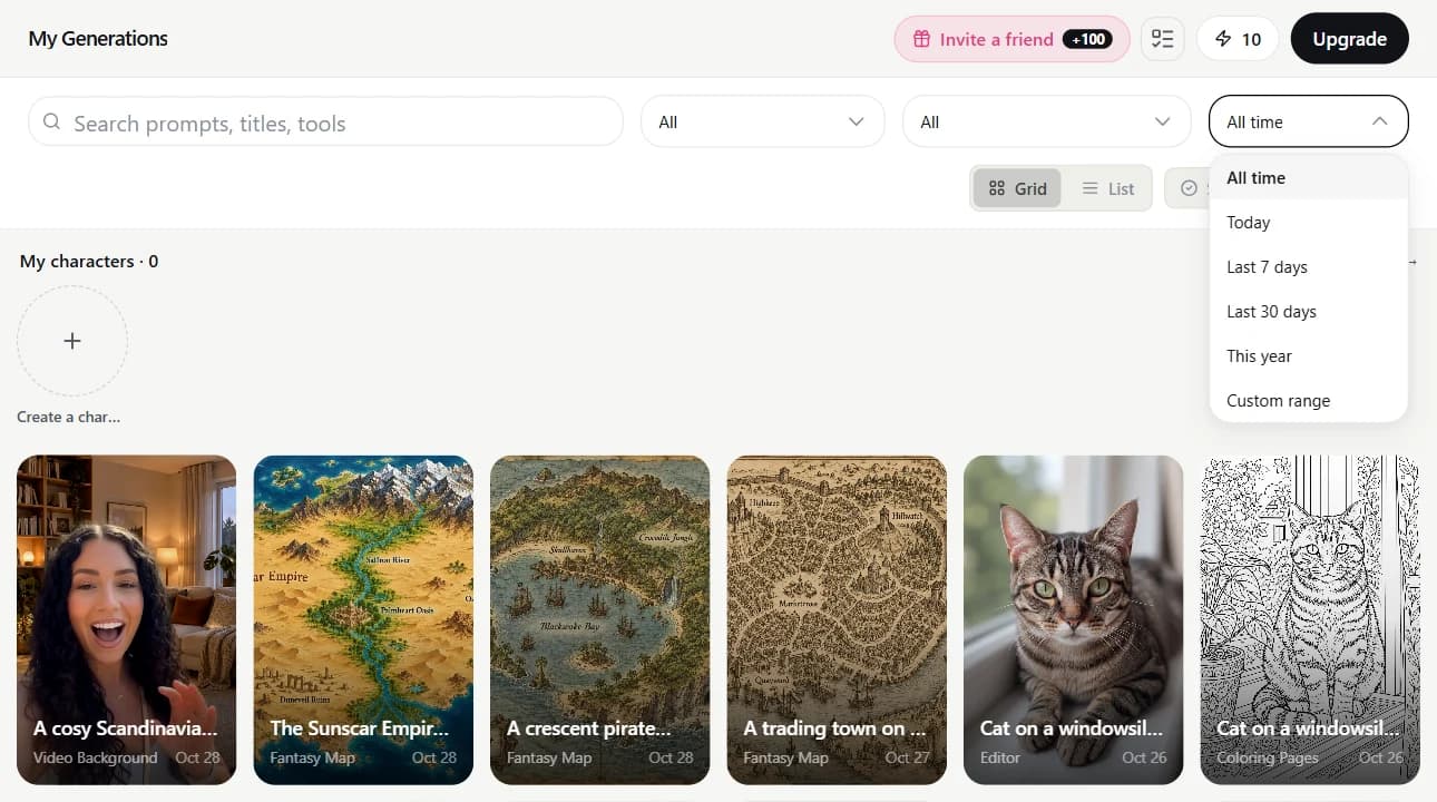 The date filter open: all time, today, last 7 days, last 30 days, this year, custom range