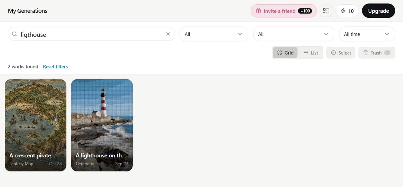 Searching My Generations for the misspelled word ligthouse finds a lighthouse photo and a pirate island map with a lighthouse