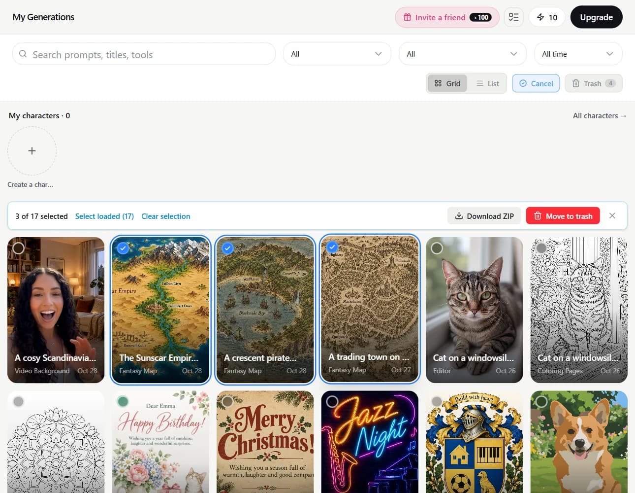 Selection mode with three fantasy maps picked and the Download ZIP and Move to trash buttons above them