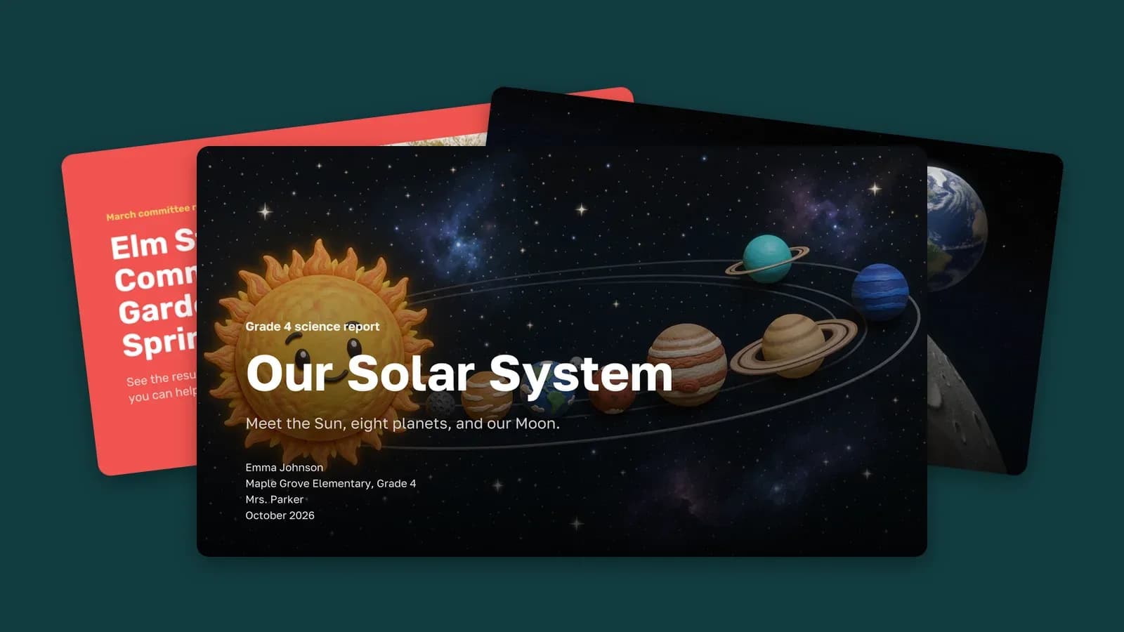 Slides made with AI: a Grade 4 solar system report and a community garden update