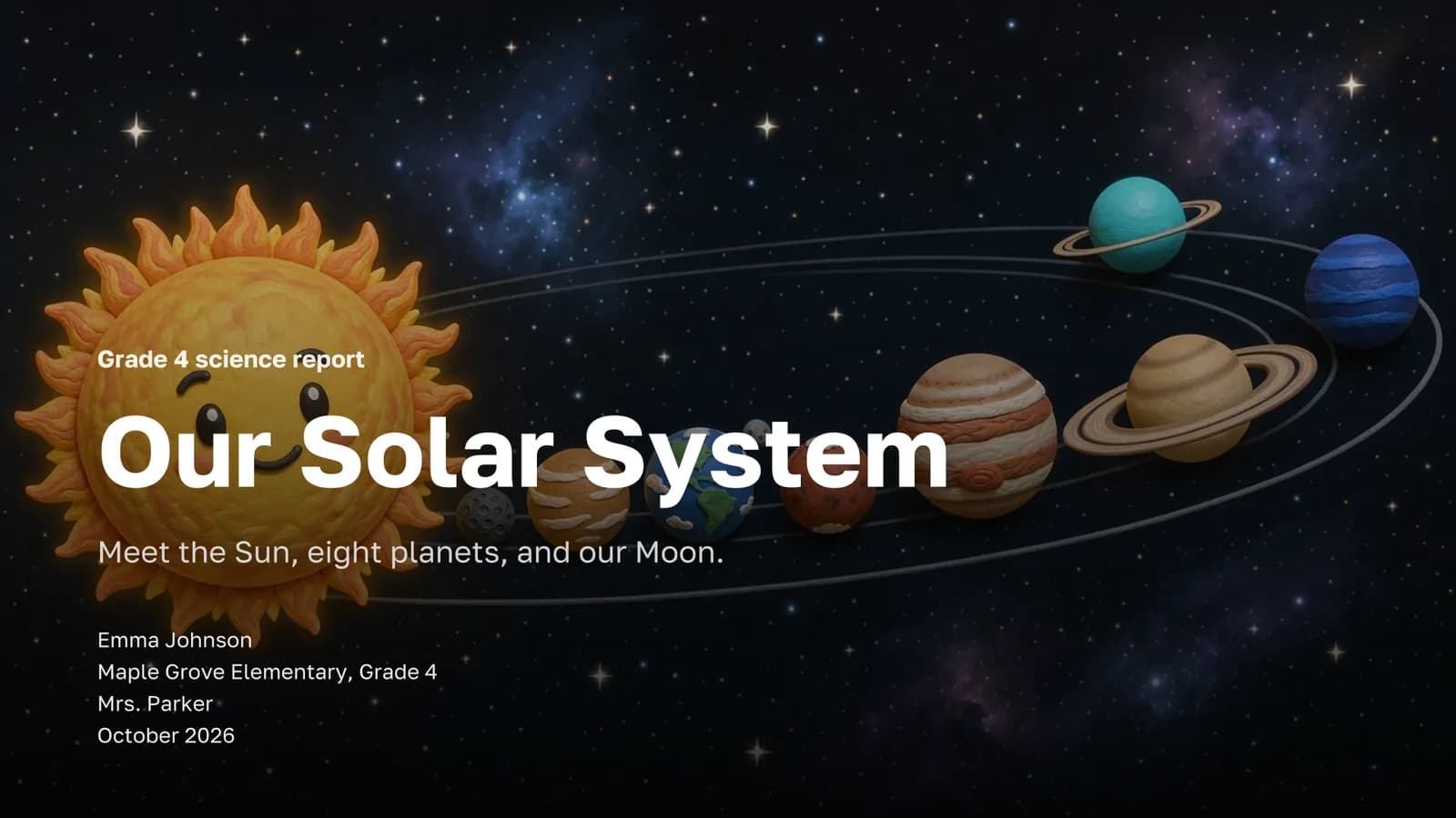 Title slide “Our Solar System” with a 3D cartoon Sun and planets on their orbits, student name and school below