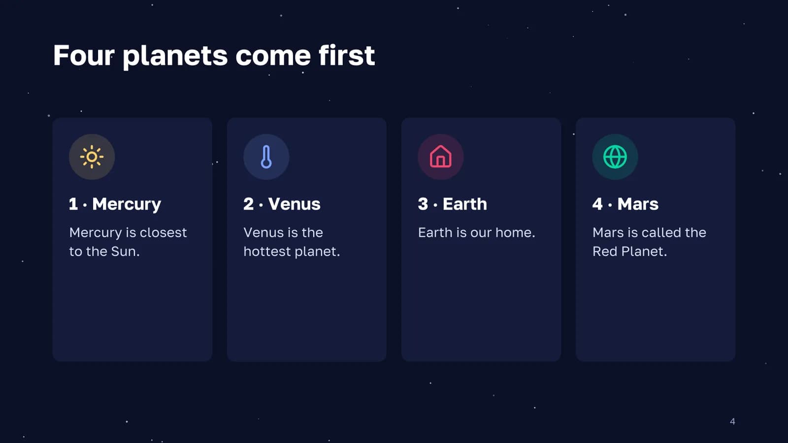 Slide “Four planets come first” with four cards: Mercury, Venus, Earth and Mars, each with an icon and one short fact