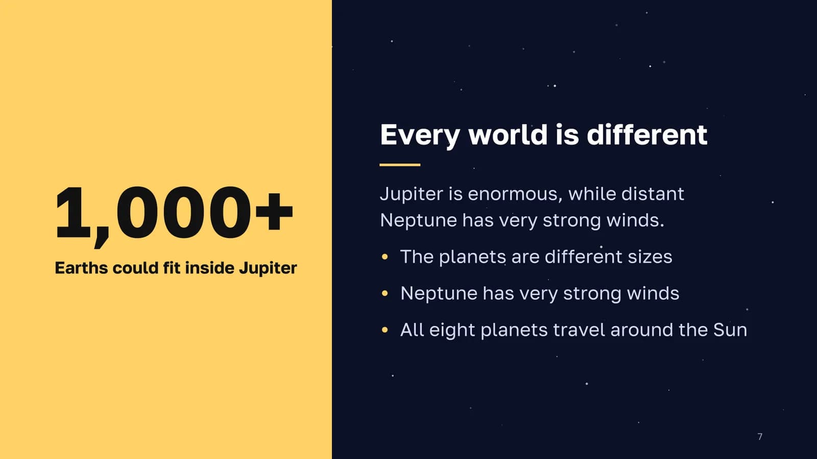 Slide “Every world is different” with a large “1,000+” on a yellow panel: Earths that could fit inside Jupiter