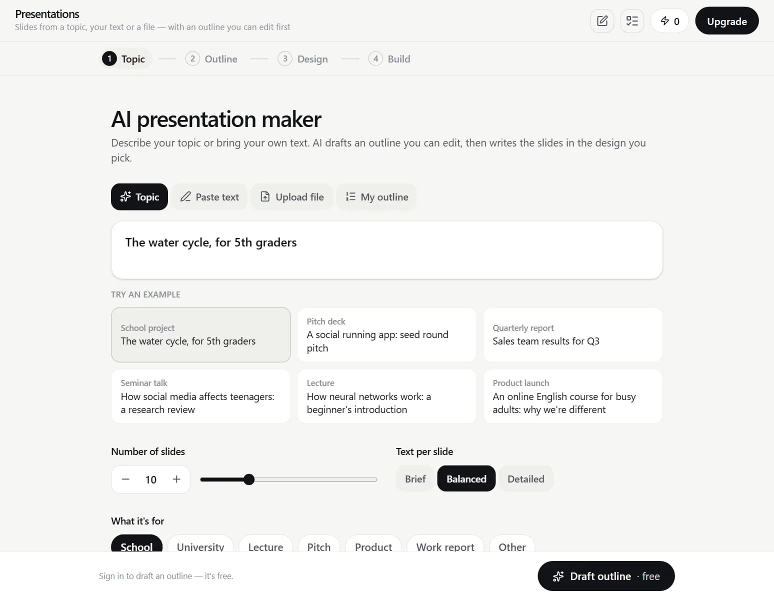 The first step of the AI presentation maker on ImageGPT: a topic field, example topics, slide count, text per slide and what the deck is for