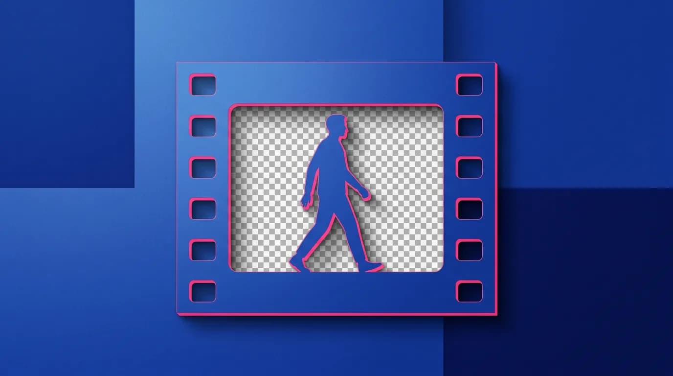 A walking figure lifted out of a film frame, leaving a checkerboard gap