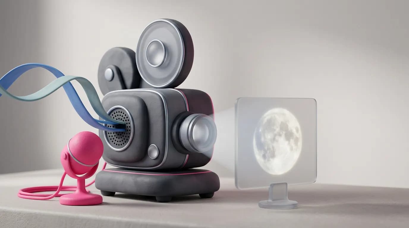 A vintage film projector beaming the Moon onto a small screen, with a microphone beside it