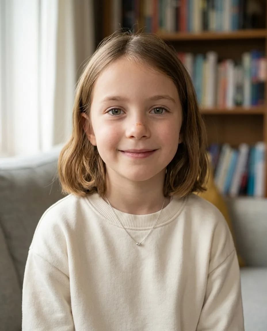 Girl about seven with chestnut hair