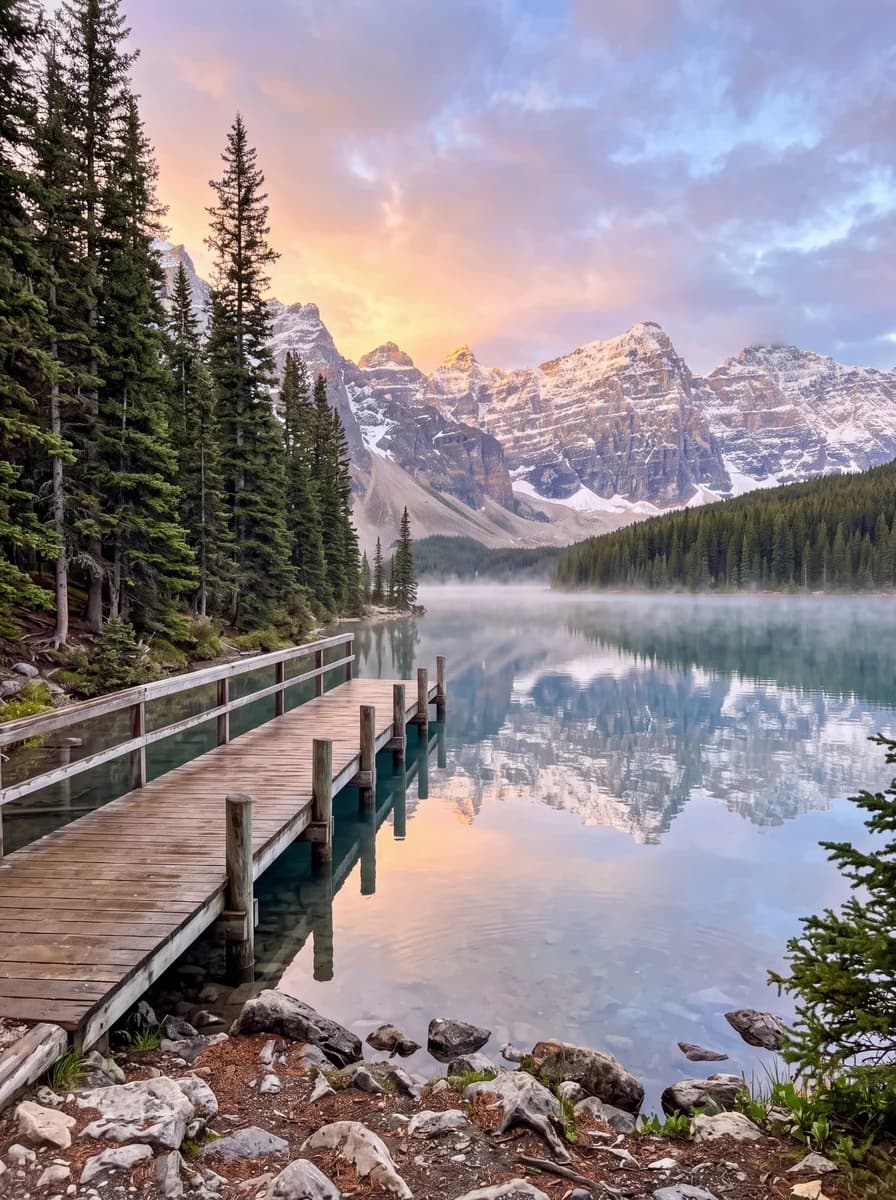 A mountain lake at sunrise with a wooden pier, pine forest on the shore, mist on the water and snowy peaks