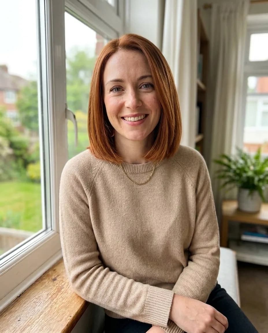 The same woman with a copper red bob