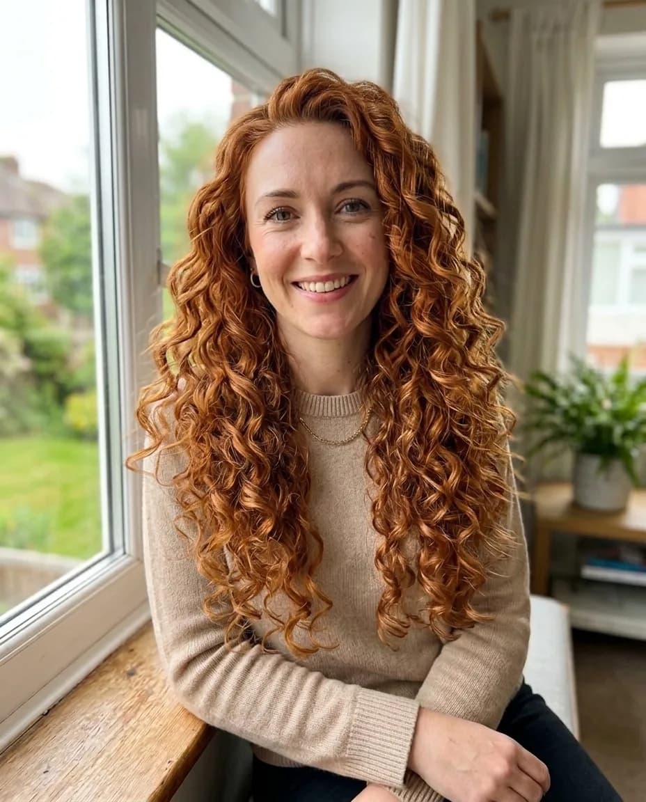 The same woman with long copper red curls