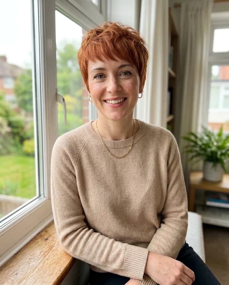 The same woman with a copper red pixie cut