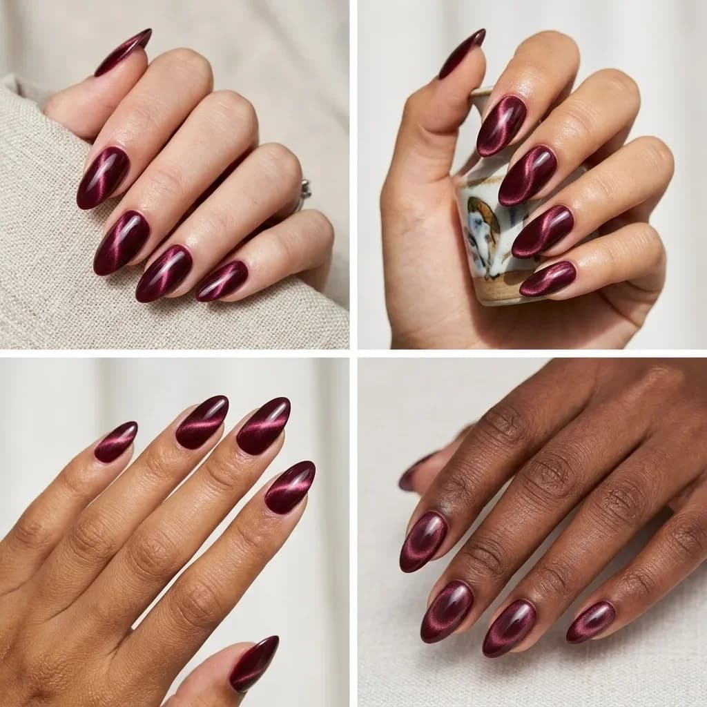 Moodboard of four cat-eye nail designs on different hands