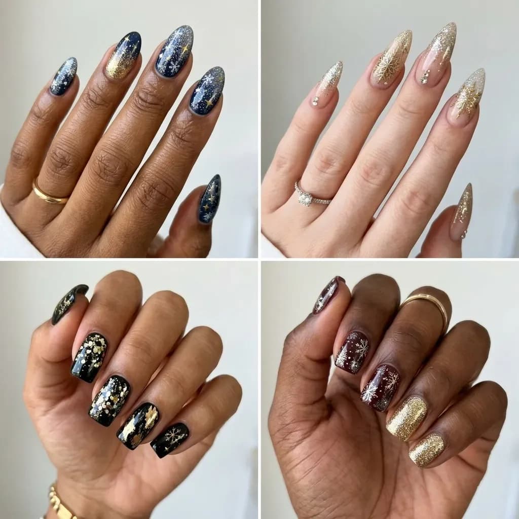 Moodboard of four festive nail designs with sparkles and snowflakes