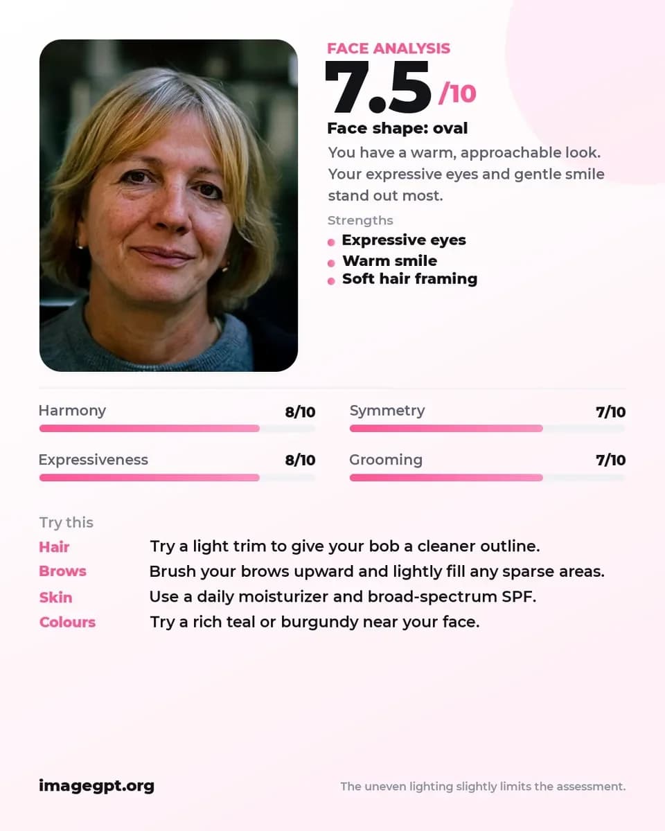 Face analysis card: woman with a blonde bob, 7.5 out of 10, tips on hair, brows, skin and colors