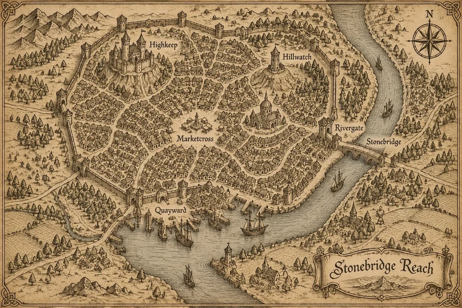 An ink-on-parchment map of Stonebridge Reach, a walled river city with Highkeep, Marketcross, Rivergate and Quayward