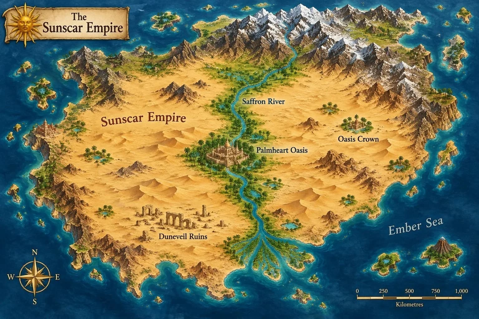 A colour atlas of the Sunscar Empire: a desert split by the Saffron River, Palmheart Oasis, Duneveil Ruins and the Ember Sea