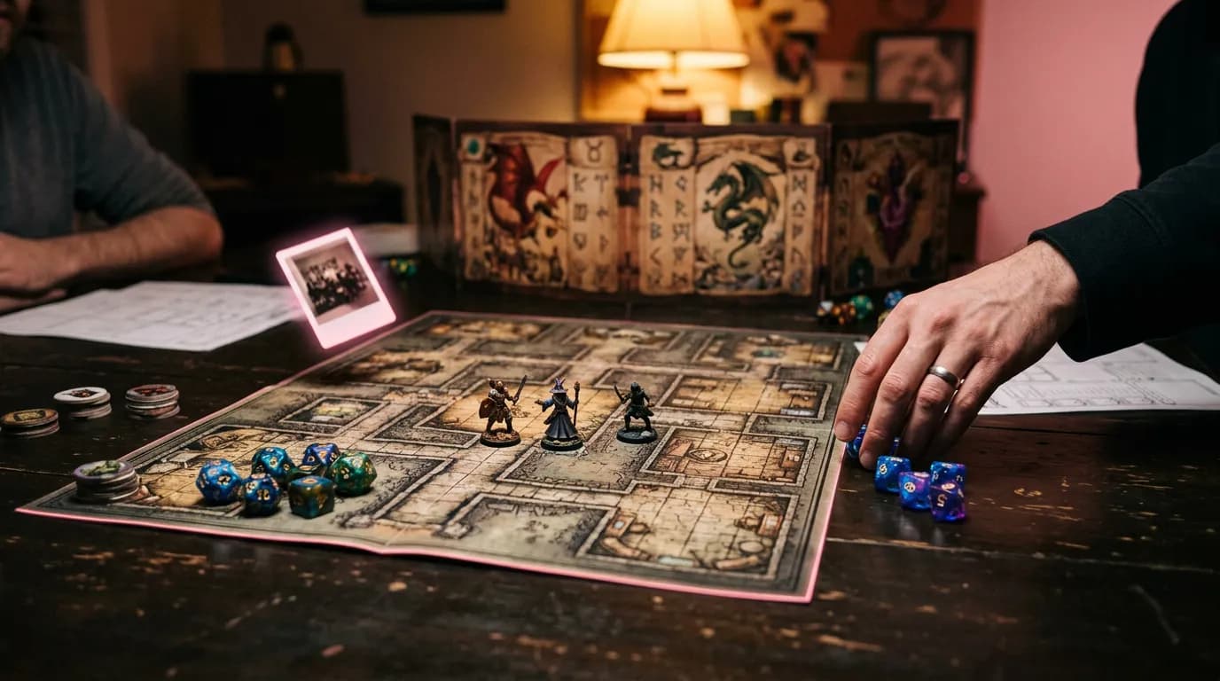 A tabletop game night with a printed dungeon map, dice and miniatures