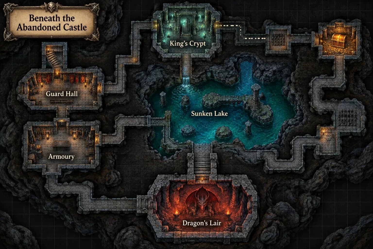 A game-style dungeon map, Beneath the Abandoned Castle: Guard Hall, Armoury, King's Crypt, Sunken Lake and Dragon's Lair