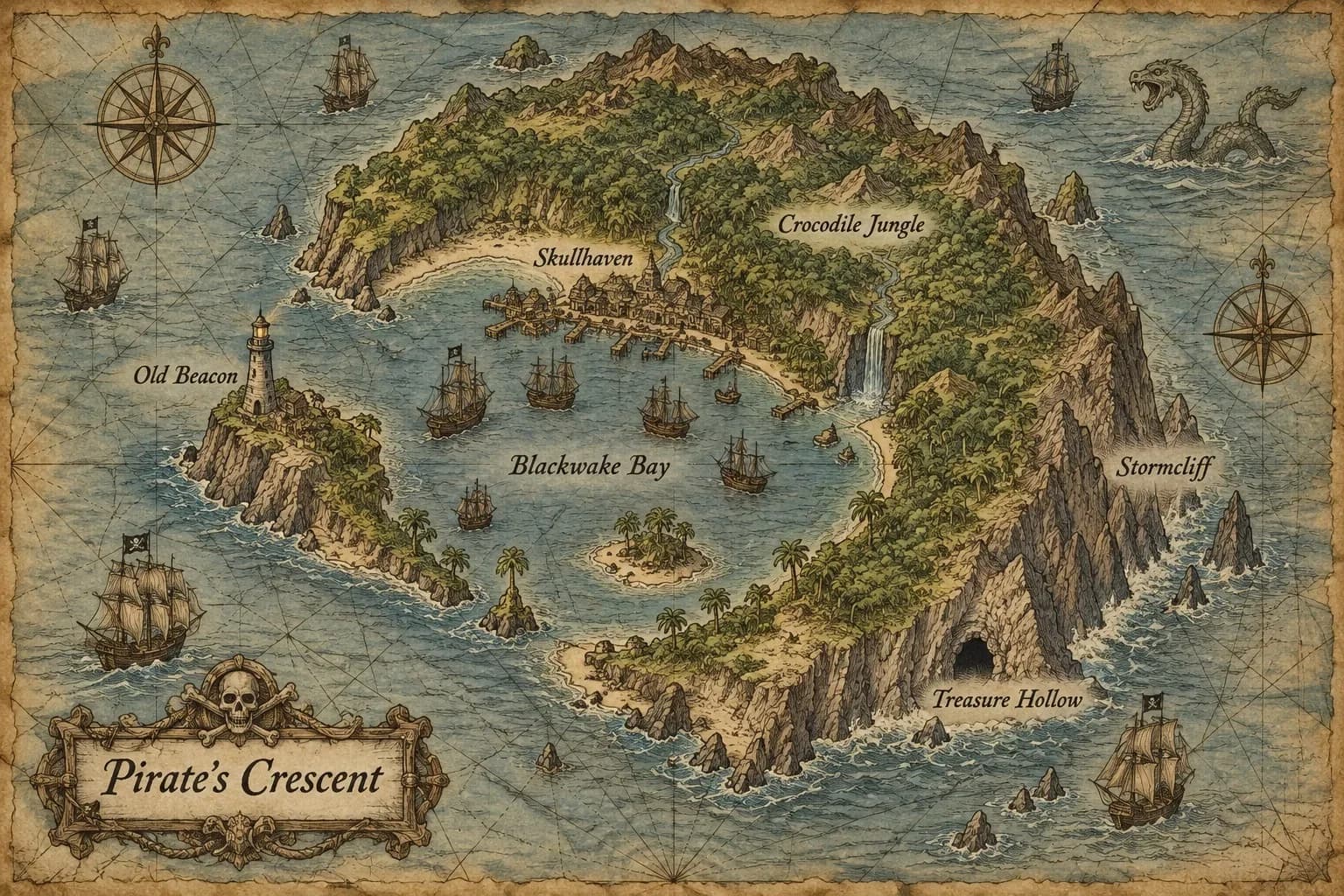 An old sea chart of Pirate's Crescent with Blackwake Bay, Skullhaven, Old Beacon, Treasure Hollow, ships and a sea serpent