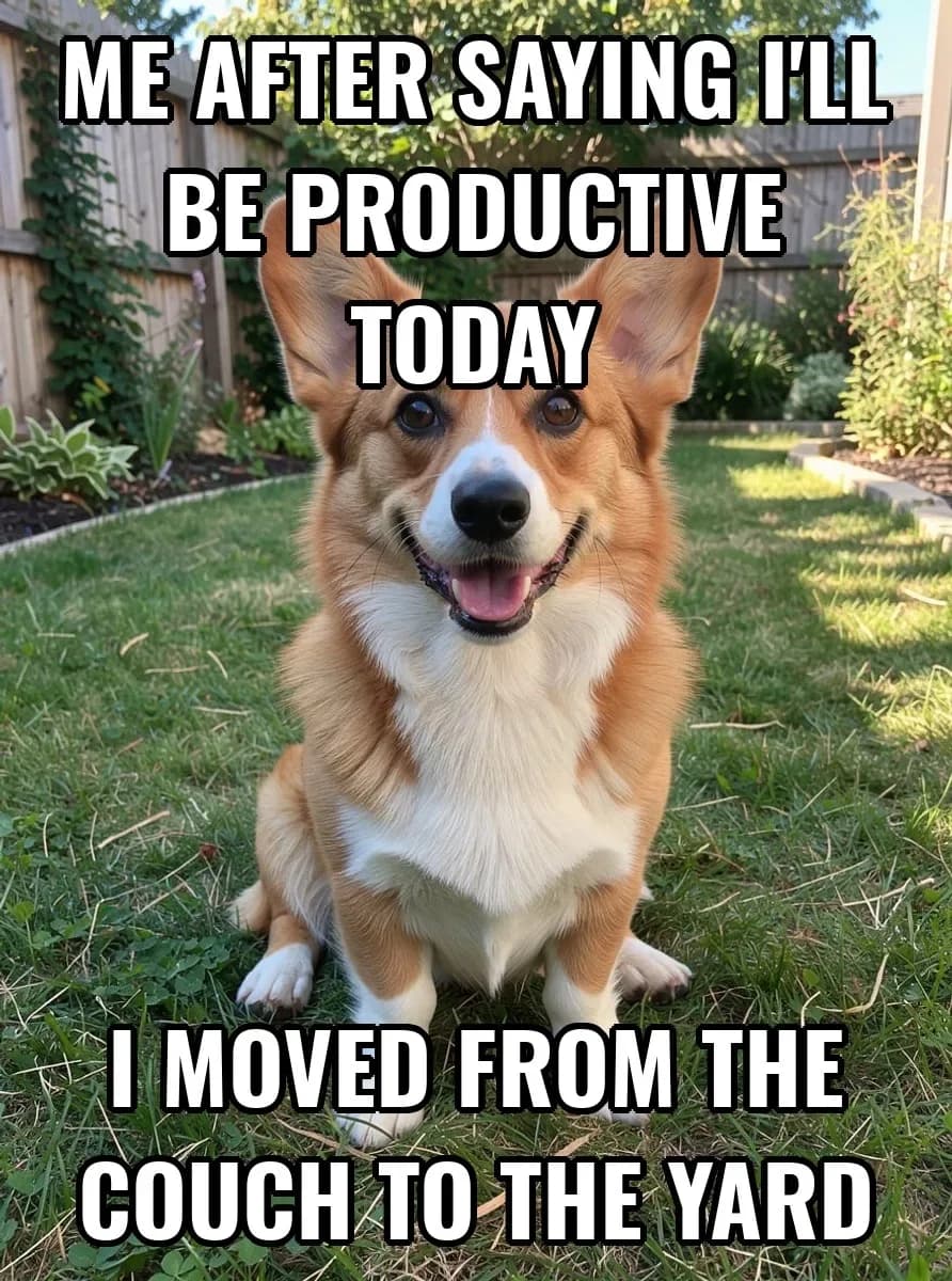 A smiling corgi on a lawn captioned "Me after saying I'll be productive today / I moved from the couch to the yard"
