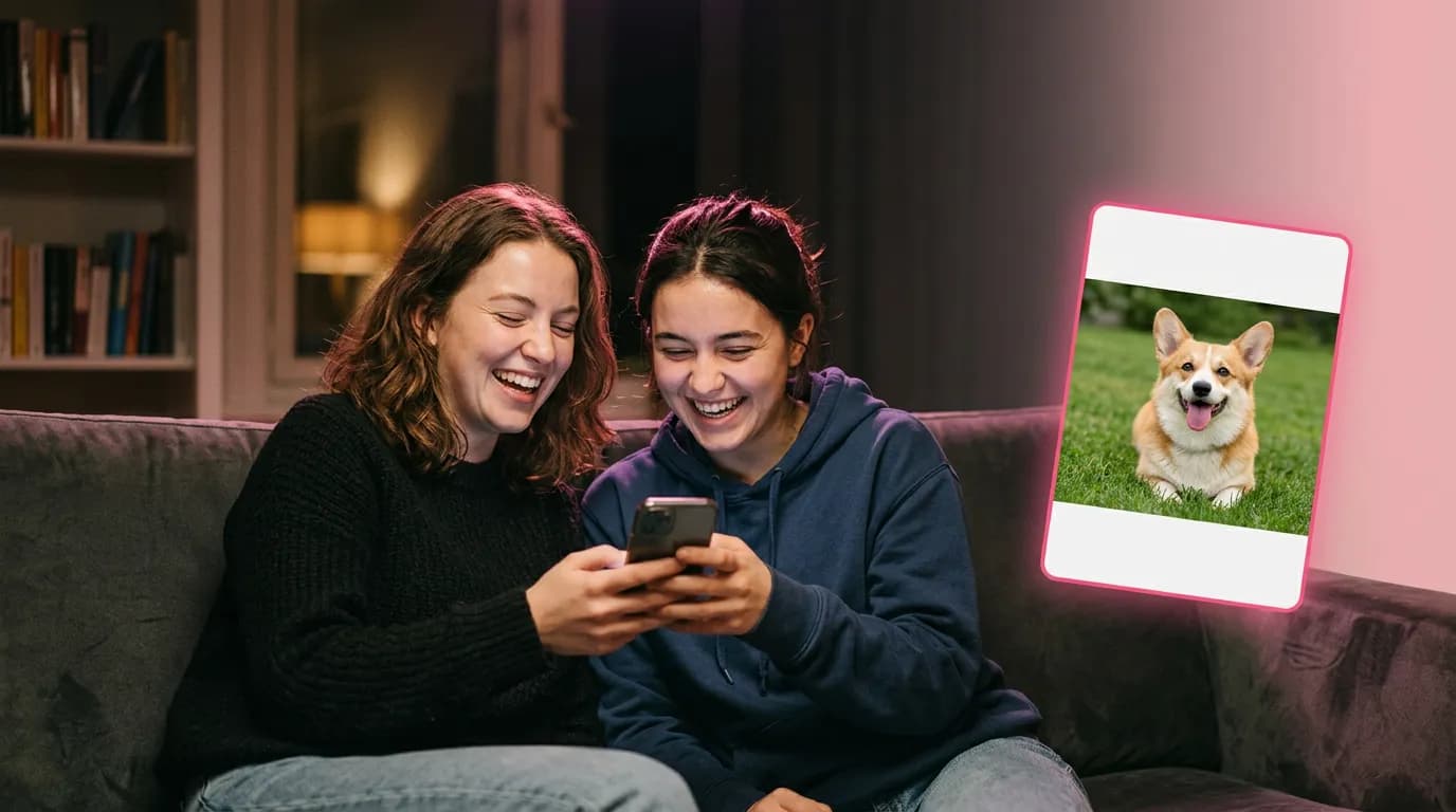 Two friends on a couch laughing at a funny dog photo on a phone