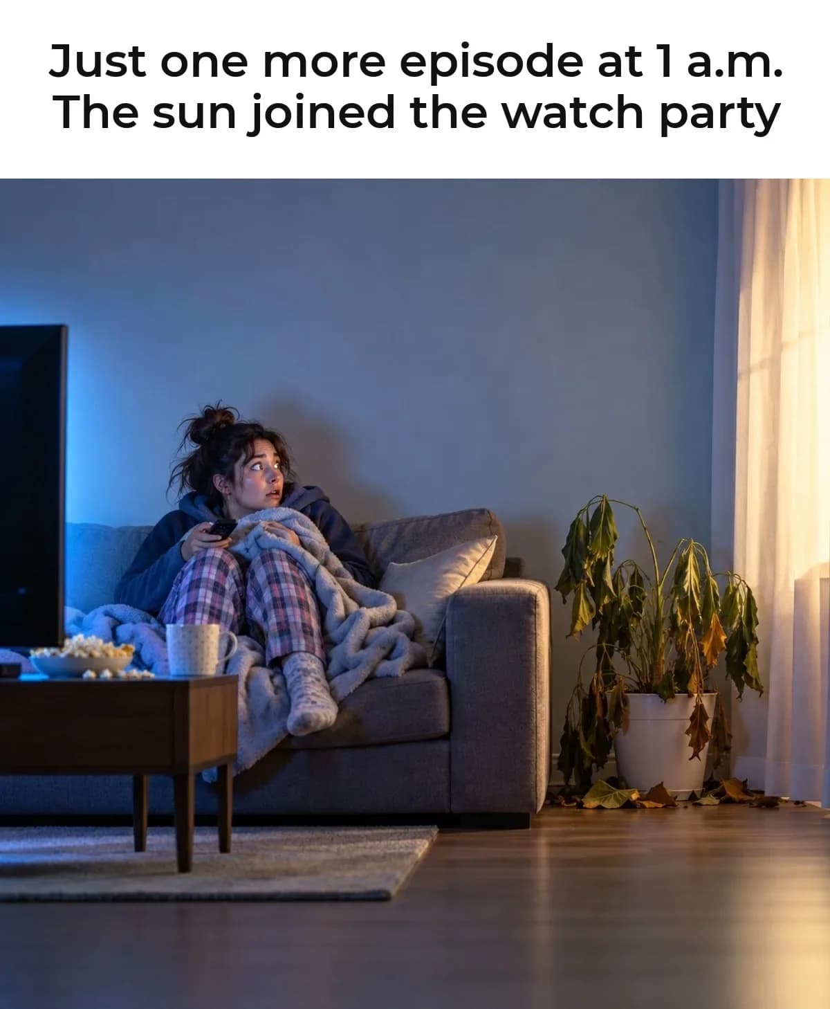 A woman wrapped in a blanket on a sofa as dawn light comes through the window, captioned "Just one more episode at 1 a.m. / The sun joined the watch party"