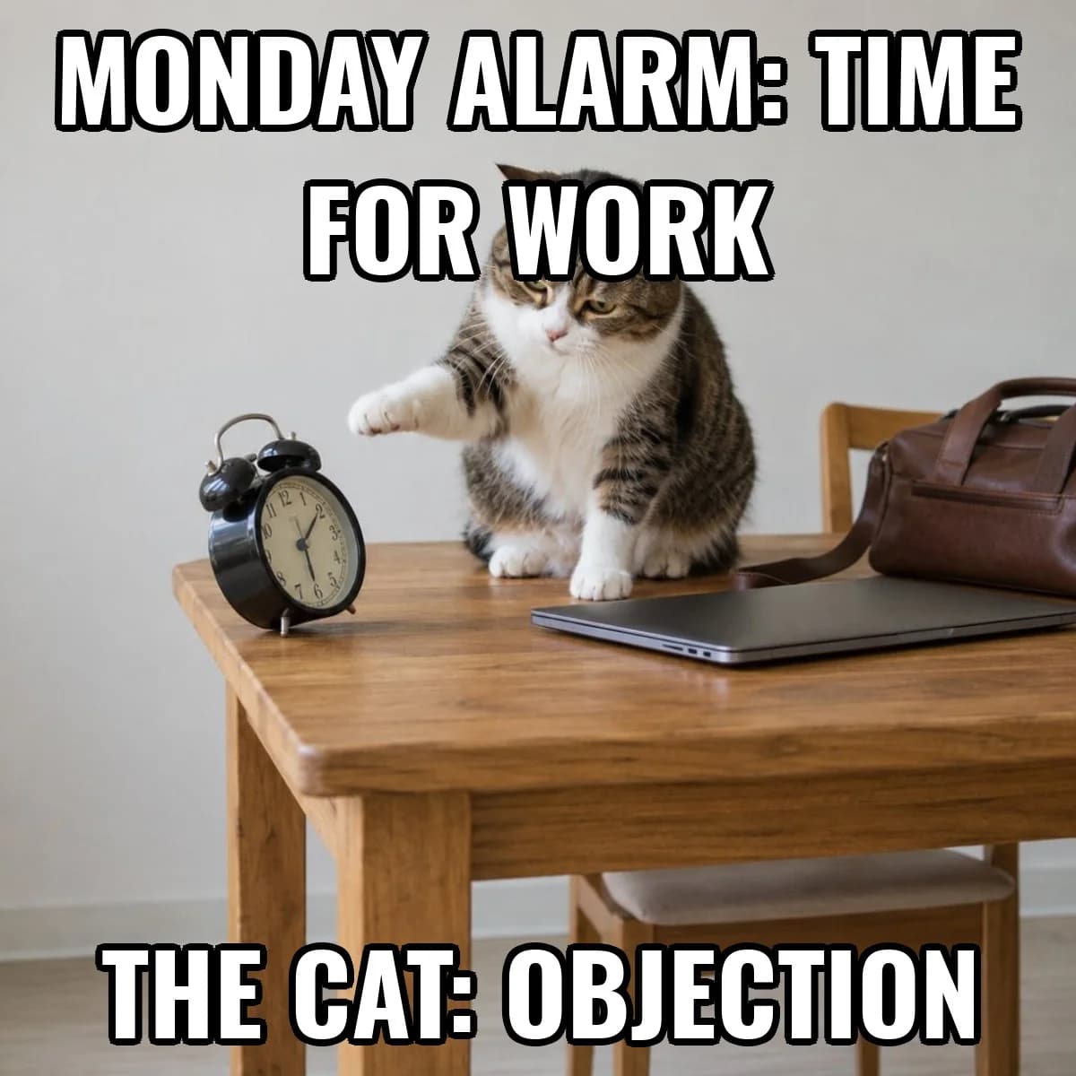 The same cat captioned "Monday alarm: time for work / The cat: objection"