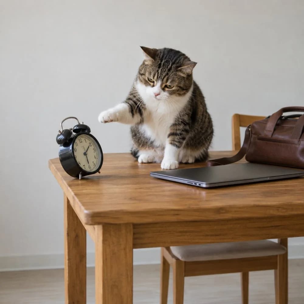 A tabby cat on a wooden desk reaching for an alarm clock, a laptop and a leather bag beside it