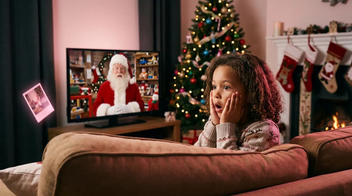 A child on the sofa watching Santa talk to them on the TV