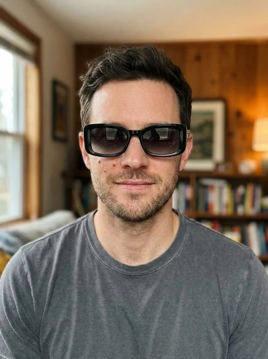 The same man in a grey T-shirt and black sunglasses