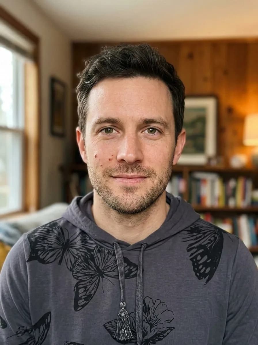 The same man in a grey hoodie with a butterfly print