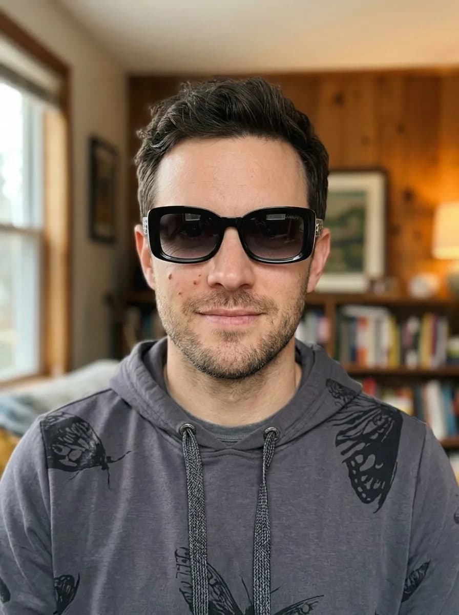 The same man in the butterfly hoodie and the sunglasses