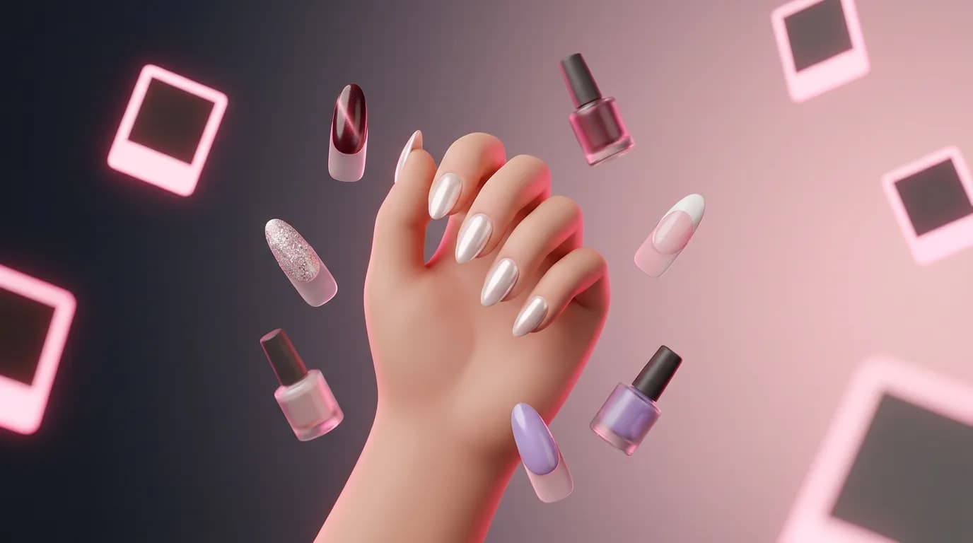 A hand with milky chrome almond nails surrounded by floating nail swatches
