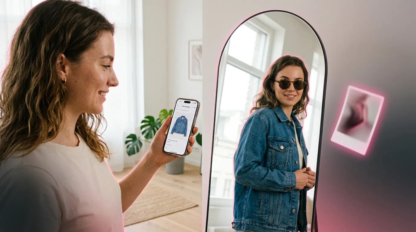 A woman holding up a phone with a product page next to a mirror showing her in the same jacket
