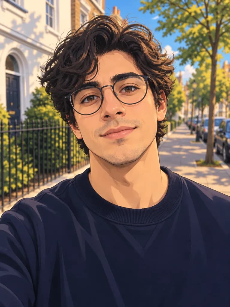 The same man as a clean color anime illustration with a sunny street behind him